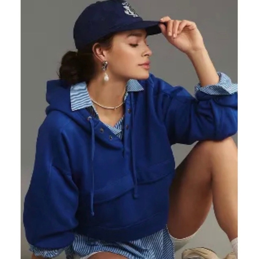 Daily Practice by‎ Anthropologie Royal Blue Snap Henley Hoodie Womens M
